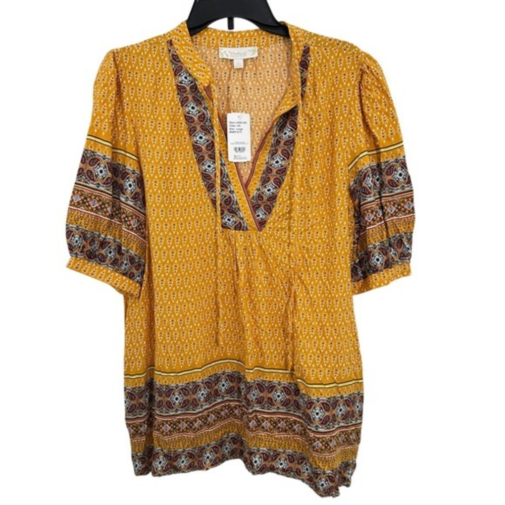Weekend Suzanne‎ Betro Boho Tunic Top Size L Elbow Flounce Notch Neck Casual NWT